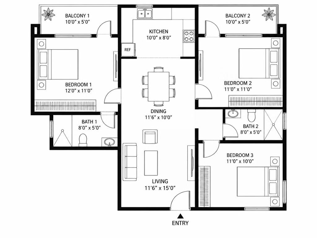 3 BHK floor plan